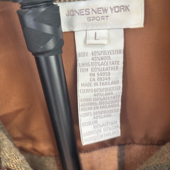 Jones Sport Brown/Green Plaid ZipUp Flannel Shacket Suede Elbow Patches Women Lg - Picture 8 of 10